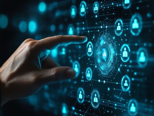 A manager selecting employee icons from a digital interface, showcasing human resources recruitment concept, sleek modern design, vibrant colors, highdefinition, UHD 8K