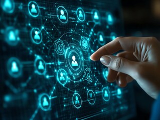 A manager selecting employee icons from a digital interface, showcasing human resources recruitment concept, sleek modern design, vibrant colors, highdefinition, UHD 8K