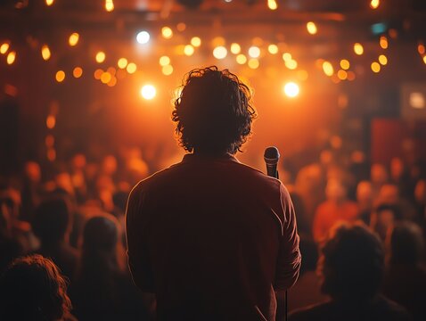 A highenergy standup comedy scene, with a comedian seen from behind, microphone in hand, audience laughing in the background, warm stage lighting, ultradetailed, cinematic UHD