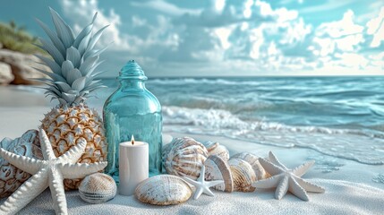 Beach scene with pineapple, seashells, and glass bottle.  Ocean background.  Stock photo