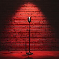A minimalist comedy club poster background, featuring a lone microphone in front of a red curtaindraped brick stage, spotlight casting long shadows, sleek design, ultraHD 8K
