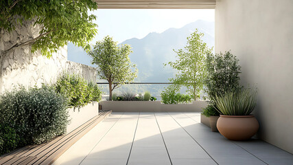 The simplicity of this rooftop terrace highlights the beauty of modern minimalism, with lush potted plants adding a touch of nature. A perfect escape to unwind above the city