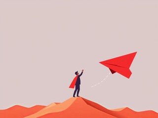 A Joyful Man Flying a Colorful Kite Against the Vast Expanse of a Tranquil Desert Landscape
