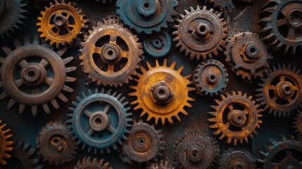 Intricate Arrangement of Vintage Gears and Cogs in Oxidized Metal Tones Industrial Harmony and Mechanical Precision Concept with Warm and Cool Color Palette
