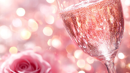 Soft pink hues and glistening champagne bubbles create a mesmerizing scene, evoking warmth, joy, and elegance. 