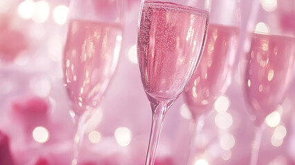 A delicate swirl of effervescent bubbles rises within crystal-clear champagne flutes, reflecting the warm blush tones of a festive evening. 