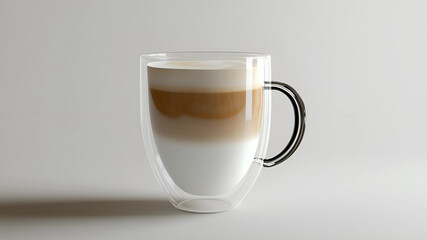 A rich and creamy latte sits elegantly in a transparent glass cup, its smooth layers beautifully visible against the pure white background. The sleek design enhances the contemporary aesthetic
