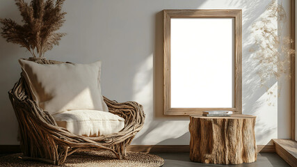 In a tranquil corner of a rustic minimalist home, a cozy lounge chair and wooden side table exude natural charm. The blank mock-up frame completes the composition