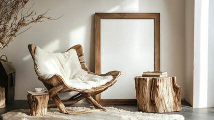 A cozy lounge chair sits beside a rustic wood stump side table, complemented by a sleek blank frame waiting for a personal touch. The minimalist decor blends natural textures with modern elegance