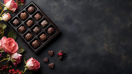 A velvety red heart-shaped box cradles handcrafted chocolates, their glossy surfaces glistening under soft candlelight. Beside them, gentle roses whisper timeless tales of love