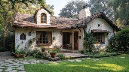 Charming cottage with stone roof, stucco walls, and lush greenery, evoking a whimsical, storybook feel. A cozy, enchanting residence.