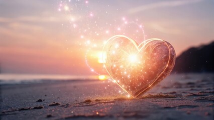 Fototapeta premium A glowing heart shape shines on a beach at sunset, surrounded by sparkles.