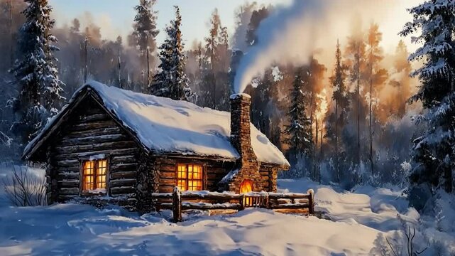 Cozy Cabin in Winter Wonderland: A rustic cabin enveloped in a blanket of snow, smoke billowing from its chimney, and a warm inviting light emanating from its windows.