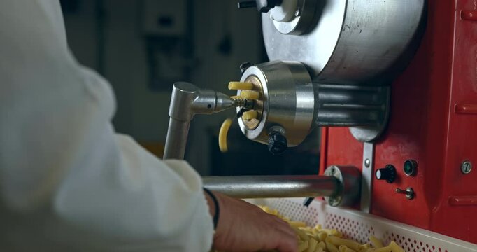 Traditional italian homemade pasta being made on machine for cutting dough. Fresh rigatoni or maccheroni pasta coming out from pasta maker, close-up. Chef uses pasta cutting machine in laboratory.