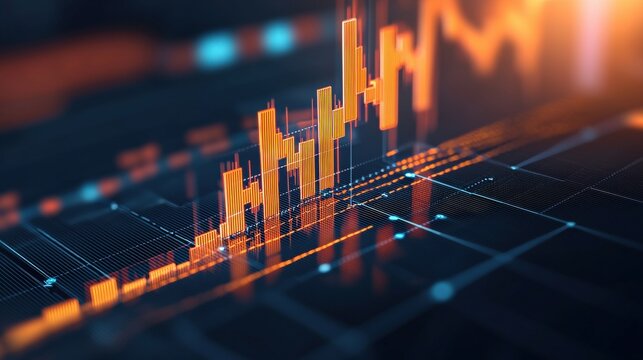 A digital financial chart displaying vibrant orange and blue lines, representing trends and fluctuations in data. - Powered by Adobe