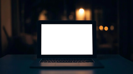 A sleek laptop with a blank white screen sits on a pristine white table, bathed in soft natural light. The minimalist coffee shop setting creates a peaceful ambiance, perfect for work, creativity