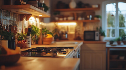 The heart of the home unfolds in a beautifully lit kitchen, where a smooth wooden counter invites moments of creativity and warmth. 