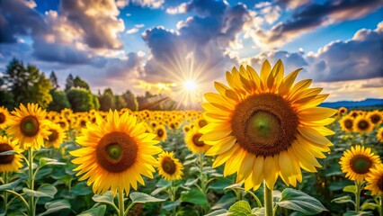 Obraz premium Summer Sunflowers in Nacka, Stockholm, Sweden - Bokeh Cloud Background