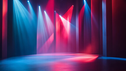 Bathed in deep blues and fiery reds, the empty stage pulses with energy, waiting for dancers to bring its illuminated canvas to life. The vibrant interplay of light and darkness transforms the space