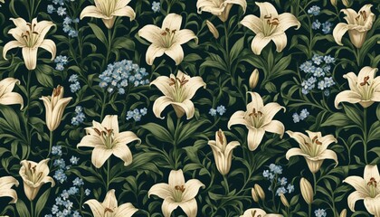 Beautiful floral pattern featuring white lilies and small blue flowers