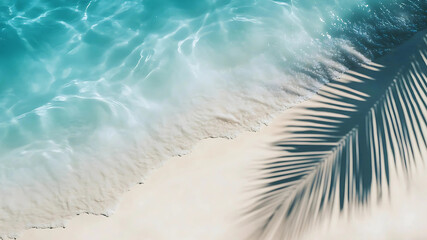 Dappled sunlight filters through swaying palm fronds, casting elegant shadows on the untouched white beach. The tranquil fusion of light and texture evokes the carefree spirit of summer vacations