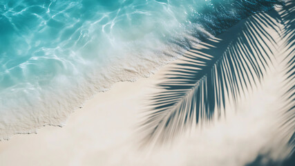 A mesmerizing pattern of palm leaf shadows stretches over the smooth sand, blending with the sparkling reflections of the sea. 