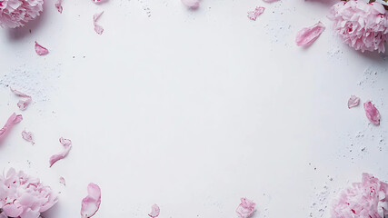 A delicate arrangement of pink peonies cascades around a bright white backdrop, offering a timeless and feminine aesthetic. This floral frame exudes warmth and beauty, perfect for weddings