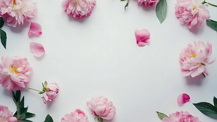 Soft pink peonies bloom around the edges of a clear white canvas, leaving a serene space for words of love and celebration. Their lush petals and dreamy hues capture the essence of spring