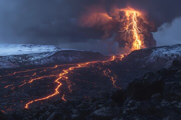 Erupting volcano unleashes lava flow and lightning in dramatic night display
