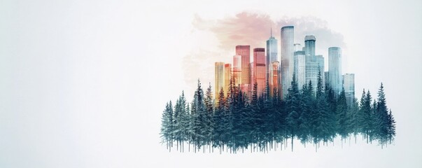 Obraz premium A vibrant watercolor blending of a city skyline emerging from a lush forest, symbolizing the harmony between nature and urban life.