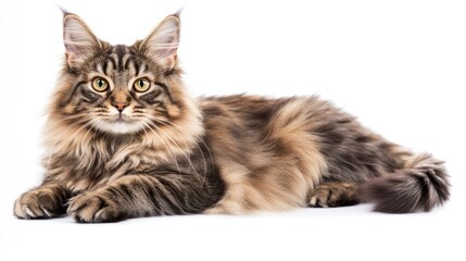 Obraz premium Maine Coon cat portrait, studio shot, lying down, isolated white background, pet, animal, for website banner or print, ideal for cat lovers, high quality image