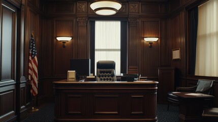 a dimly lit office interior with dark wooden walls and furniture evoking power and authority featuring an american flag and classic design