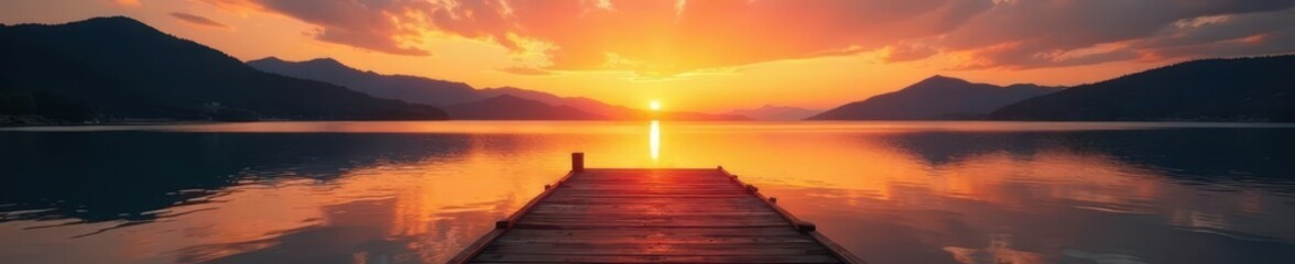 Naklejka premium Magical sunrise paints lake & old wooden jetty in gold, beautiful, tranquil, mystical