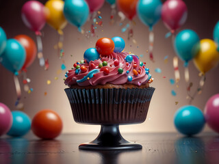 Delicious birthday cupcake with balloons. Вкусный кекс на праздник.