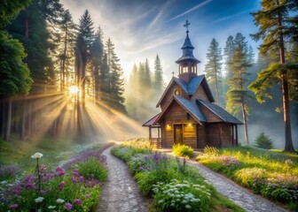 Fototapeta premium Sunlit Church in Forest, Peaceful Path, Nature Scene, Spiritual Retreat Stock Photo