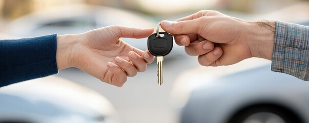 A person hands over car keys, symbolizing a vehicle transfer or purchase, with blurred cars in the background.