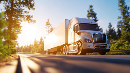 Light-colored freight hauler on scenic country highway
