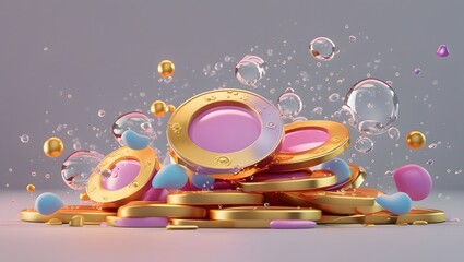 Obraz premium Abstract colorful display of coins and glossy sphere elements composition