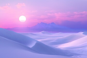 Sand dunes bathed in soft sunlight during sunset with a mountain backdrop