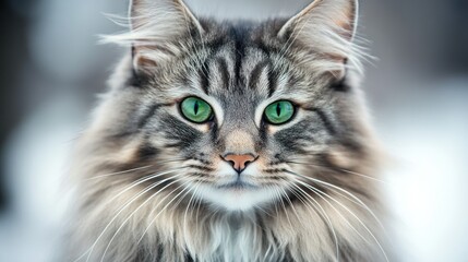 Obraz premium Close-up of a fluffy Norwegian Forest cat in snowy environment. Possible use Animal, pet, and nature photography