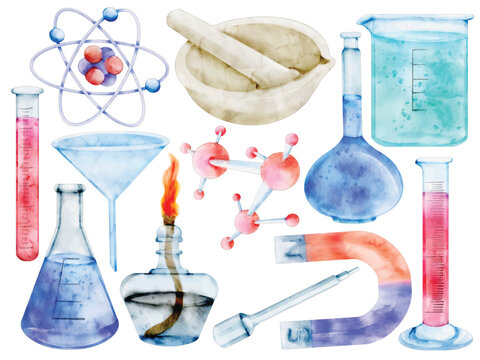 Watercolor Laboratory Equipment Illustration Set - Hand-Painted, Scientific Aesthetic - Beaker, Test Tube, Microscope, Bunsen Burner