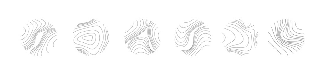 Set of rings of topographic contour lines map or wood ring texture. Tree ring or line topography map design for logo. Vector.