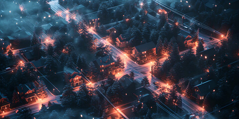 Futuristic aerial view of a smart city neighborhood at night, illuminated with glowing digital lights and network connections. Concept of smart technology, urban planning, digital transformation 