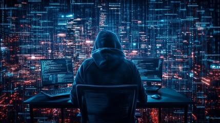 Digital Intrusion: A hacker in a hoodie coding in front of computers.