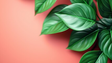 Lush green leaves against coral background.  Perfect for showcasing nature