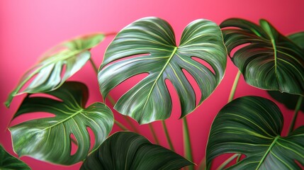 Naklejka premium Monstera leaves against vibrant pink wall. Botanical close-up. Possible use home decor, interior design, nature