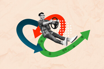 Sketch image artwork composite 3D collage of funny young man sit drive hold wheel direction choice...
