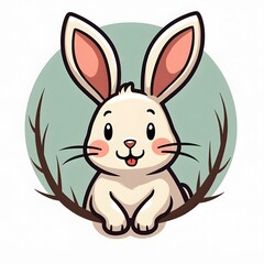 Obraz premium Cheerful Bunny Drawing with Rosy Cheeks in Natural Branch Frame on Teal Background