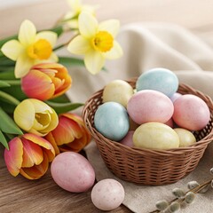 Springtime Bounty: A Basket of Delicate Easter Eggs and Flowers