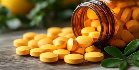 Amber bottle of bright yellow tablets spilled onto a rustic wooden surface, enhanced by nearby green foliage creating a natural, healthy scene.